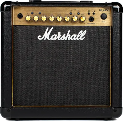 A front view of a Marshall guitar amplifier.