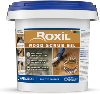 Produktbild von Roxil Holzentgrauer Gel 5 L – Oxalsäure Holzreiniger zum Auffrischen von vergrautem Holz. Entfernt Patina, Holzentgrauer für Holz im Außenbereich