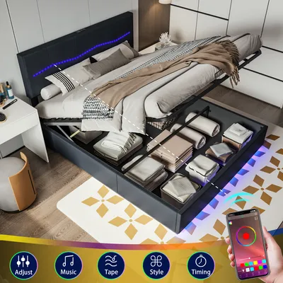 Immagine prodotto di Letto imbottito ProximaX 160x200cm, letto matrimoniale per ragazzi con interfaccia di ricarica USB e tipo C, illuminazione LED, rete a doghe e giroletto in nero
