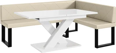 Produktbild von MEBLINI Eckbank für Esszimmer mit ausziehbarem Tisch - Küchenbank - Essecke - Sitzecke Küche - ERIC - U-Beine 142x196x87cm Rechts - Creme Kunstleder/B Weiß Hochgl.