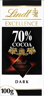 A product shot of a Lindt Excellence 70% Cocoa Dark Chocolate bar.