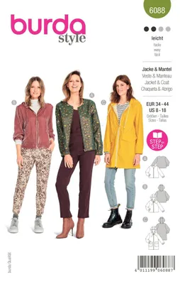 Produktbild von Burda Schnittmuster 6088 – Kapuzenjacke mit Reißverschluss, Jacke mit Reißverschluss, langer Kapuzenmantel, Regenjacke