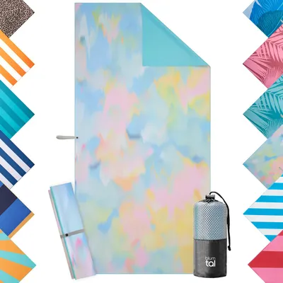 A collage of beach towels, with a main towel in the center and smaller swatches of other towel designs arranged around it.