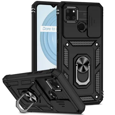 Immagine prodotto di Custodia per OPPO Realme C21Y/C25Y a doppio strato con copertura scorrevole della fotocamera e supporto ad anello nero
