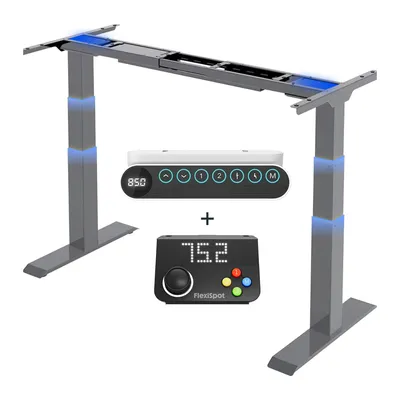 A product image of a height-adjustable desk frame with two control panels.