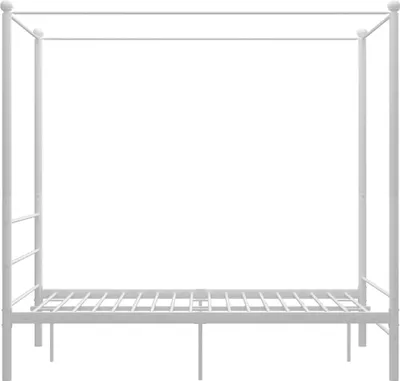 A white metal canopy bed frame shown from the front.