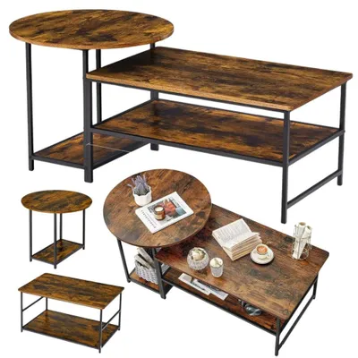 Produktbild von 2-in-1 Vintage Rustikales Holz Couchtisch-Set 123x60x51cm