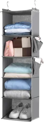 Imagen del producto de Organizador colgante para armarios - Organizador de armarios con 5 compartimentos - Organizador de armarios plegable - Armario con ganchos metálicos - Gris