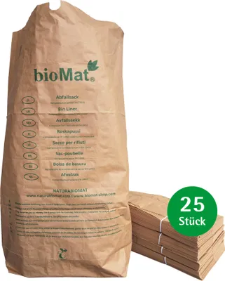 Immagine prodotto di sacchi di carta bioMat compostabili 120l in carta kraft, 25 sacchi di carta per rifiuti organici, a 1 velo, resistenti allo strappo e all'umidità