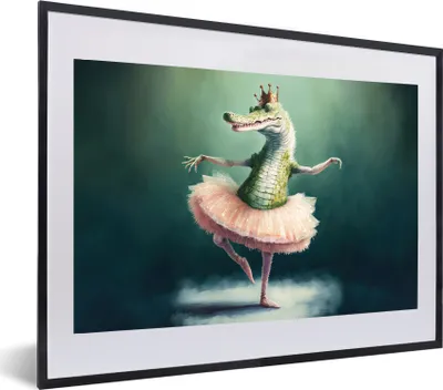 Produktbild von MuchoWow® Gerahmtes Poster Krokodil - Krone - Gold - Ballett - Porträt 60x40 cm - Poster mit Schwarzem Bilderrahmen Wandposter Rahmen Foto Bilder - Schlafzimmer - Plakat in Rahmen - Drucken