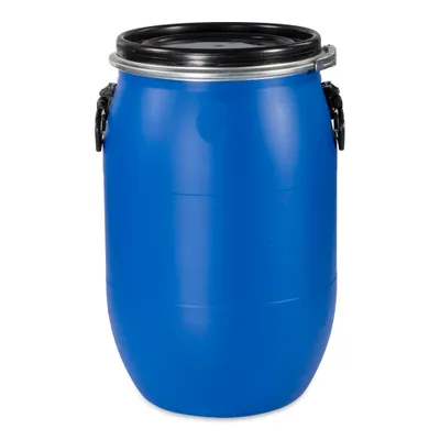 A blue plastic barrel with a black lid and metal clasps, shown against a white background.
