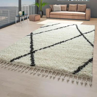 Produktbild von TT Home Skandi Teppich Beige Wohnzimmer Hochflor Rauten Muster Skandinavisch Fransen Größe 60x100 cm