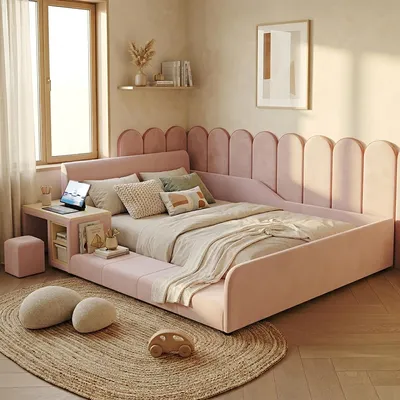 Produktbild von MODFU Polsterbett Jugendbett 140x200 mit Schreibtisch und Hocker,Kinderbett Doppelbett mit Weiches Kopfteil,Bettrahmen aus Samt,ohne Matratze,Rosa