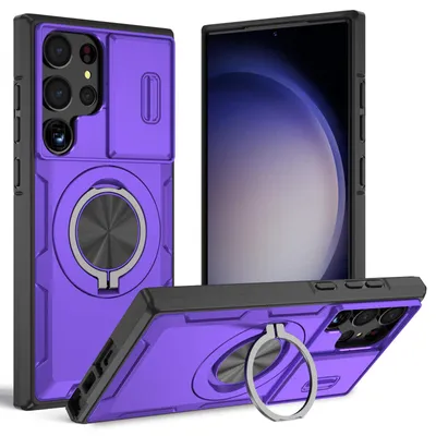 Produktbild von Magnetische Hülle für Samsung Galaxy S23 Ultra, Militär Stoßfest Handyhülle mit Kameraschutz und Ringhalter Ständer Lila