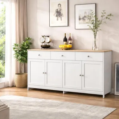 Obrázok produktu pre Komoda s 3 zásuvkami a 4 dvierkami, rozmer 160x37x75 cm, farba dreva a biela