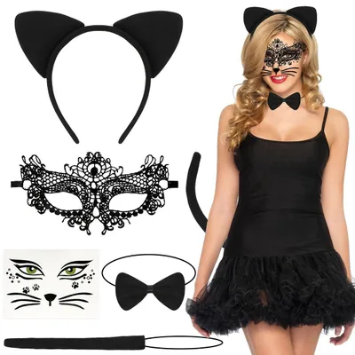 Imagen del producto de Disfraces de gato para mujer, set de Halloween que incluye diadema con orejas de gato, cola, pajarita, máscara veneciana, ideal para cosplay