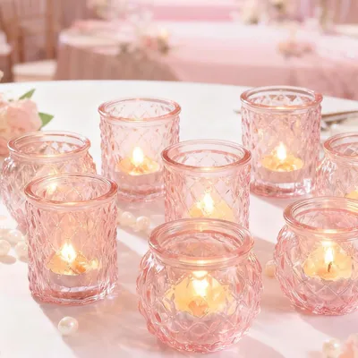 Immagine prodotto di Portacandele in vetro rosa, set da 12, per decorazioni di matrimonio