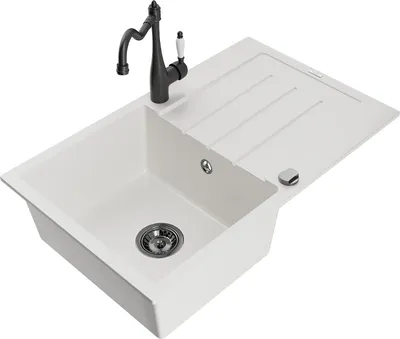 Produktbild von Mexen Bruno 1 Becken-Granitspüle mit Abtropffläche und Mischbatterie Carla, Weiß - 6513-20-670700-70