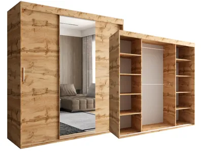 A wardrobe with sliding doors, one of which is a mirror, and an open section showing shelves and a hanging rail.