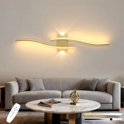 Zdjęcie produktu dla Elegancka, złota lampka ścienna LED z możliwością regulacji jasności i pilotem, 29W, 3 tryby barw