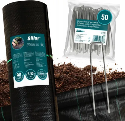 Produktbild von Sillar Unkrautvlies Set 2x50 m 90 g/m² Schwarz UV-stabilisiert + 50x Stahlanker 15 cm Gartenvlies Mulchvlies