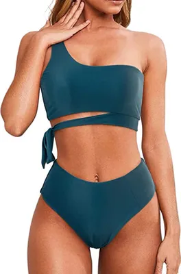 Produktbild von Damen Bikini Set Rüschen One Shoulder Bikini High Waist Bauchweg Bademode Zweiteiliger Badeanzug，y Split-Bikini-Badeanzug mit hoher Taille für Frauen(dunkelgrün,XL)