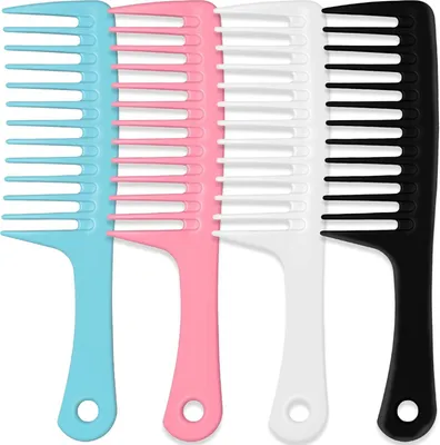 Produktbild von 4-teiliger Kamm mit breiten Zinken, großer Haarentwirrungskamm, Stylingkamm, professioneller Haarpflegekamm für Frauen mit Handgriff für lockiges, nasses und langes Haar (Blau, Rosa, Weiß, Schwarz)