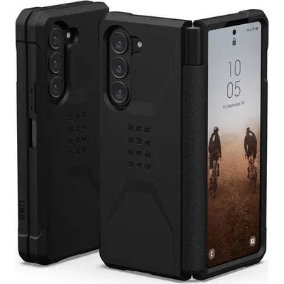 A black phone case for a Samsung Galaxy Z Fold5 is shown from two angles, with one angle revealing the phone's screen.