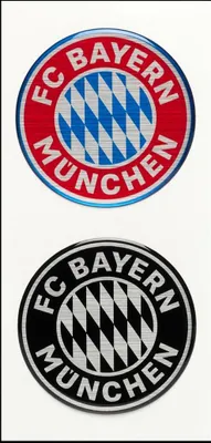 Two FC Bayern München crests, one in red and blue, the other in black and silver.