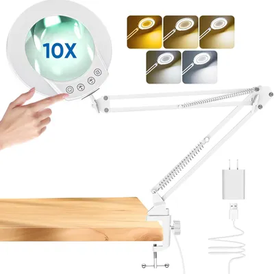 Produktbild von Lupe mit Licht und Klemme 10x, Echtglas, 5 Farbmodi, dimmbar, für Basteln, weiß