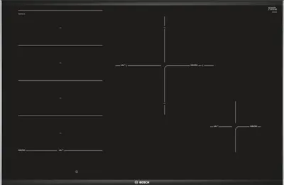 A top-down view of a black induction cooktop with white markings indicating the heating zones and controls. The Bosch logo is visible in the bottom right corner.