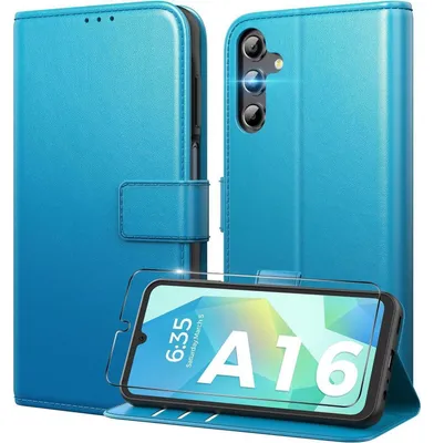 Immagine prodotto di Custodia protettiva in vetro temperato per Samsung Galaxy A16 5G, con design a libro, colore blu brillante, realizzata in  (PU), con scomparti per carte, protezione RFID e funzione stand
