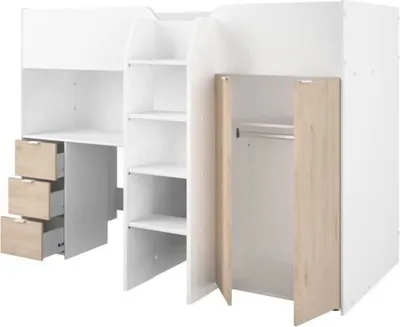 Produktbild von Kombiniertes Hochbett für Kinder – Nachbildung in Weiß und Eiche – Boxspring inklusive – 90 x 200 cm