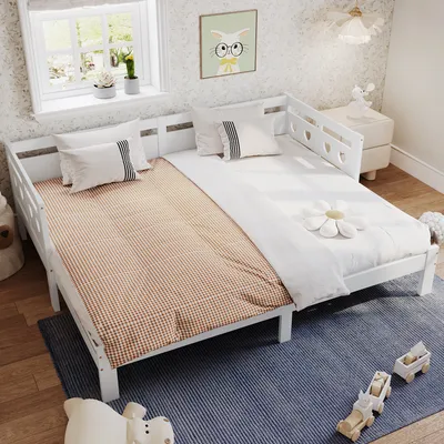 Produktbild von Ausziehbett, Kinderbett mit Lattenrost und ausziehbarer Liegefläche, 90x200 cm/180x200 cm, Holzbett aus Kiefer, Einzelbett, Jugendbett