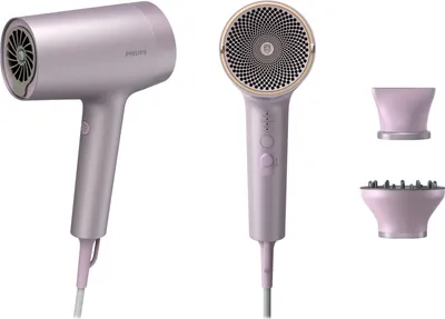A Philips hair dryer and its attachments are displayed against a white background.