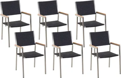 Produktbild von BELIANI Gartenstühle 6er Set Schwarz / Silber Polyrattan Edelstahl Modern Terrasse Outdoor