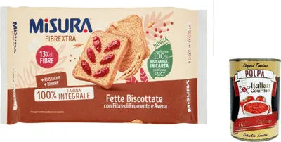 Produktbild von 12x Misura Fette Integrali Fibraextra Zwieback mit Weizenfasern und Hafer 320g + Italian Gourmet polpa 400g