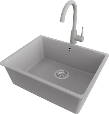 Produktbild von PRIMAGRAN Unterbauspüle Granit Grau 56x44cm, Spülbecken 1 Becken + Küchenarmatur 32x20cm + Ablauf-Set, Granitspüle ab 60er Unterschrank - Venedig Easy