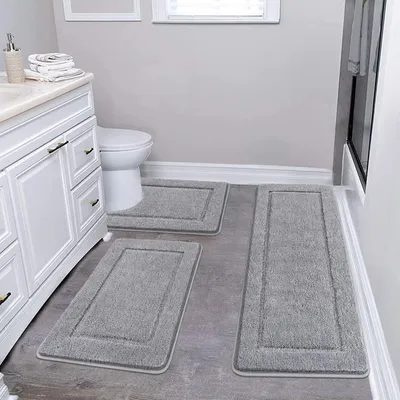 Image de Ensemble de 3 tapis de salle de bain doux, antidérapants et lavables, comprenant un tapis de bain et un tapis de WC, ensemble absorbant pour la douche, la baignoire et les toilettes, gris