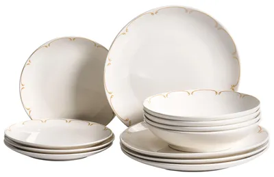 Obrázek produktu pro BELIANI Sada 12 kusů porcelánové nádobí bílá zlaté ozdobné okraje průhledná glazura kuchyně jídelna