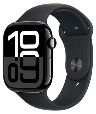 Image de Apple Watch Series 10 GPS + Cellular 42mm en aluminium noir brillant avec bracelet sport noir taille S/M.