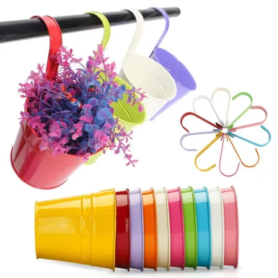 Image de Pots suspendus en métal, colorés, lot de 10, diamètre 16 cm, avec crochet amovible, pour balcon et rambardes