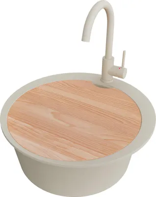 Produktbild von PRIMAGRAN Granitspüle Beige 53x53cm, Spülbecken Rund 1 Becken + Küchenarmatur 32x20cm + Ablauf-Set + Schneidebrett, Küchenspüle ab 50er Unterschrank - Pisa Max