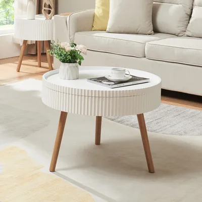 Obrázok produktu pre Konferenčný stolík "Bongard" s odnímateľnou doskou Ø60 x 45 cm Obývačkový stolík s drážkovaným vzhľadom v bielej farbe