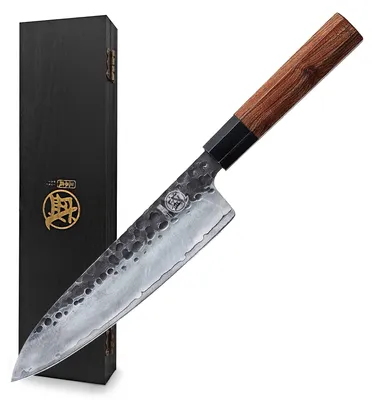 Gyuto-Kochmesser 22 cm, handgeschmiedet, 3-lagig, Rosenholzgriff
