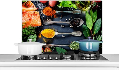 Produktbild von KitchenYeah®  Spritzschutz Küche - Küchenrückwand - Wandschutz für Herd und Spüle - Kräuter - Löffel - Küche - Gewürze 90x60 - Alu-Dibond (Alternative zum Spritzschutz aus Glas) - Hitzebeständig - Her