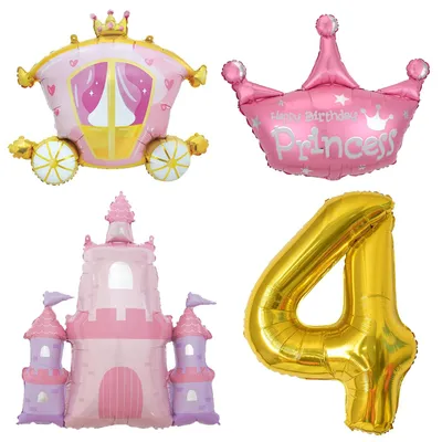 Prinzessinnen-Ballonset: Kutsche, Krone, Schloss & Zahl 101,6 cm