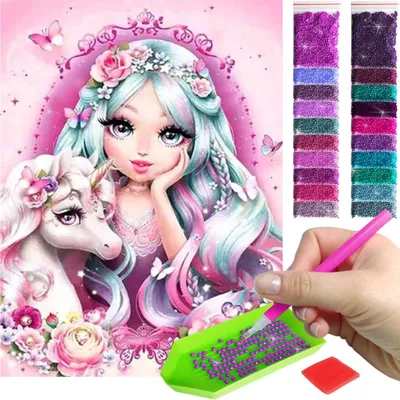 Produktbild von ARTULIO - Diamond Painting Set - Märchen Mädchen mit Einhorn - 40 × 30 cm - Home Wand Deko, 5D Diamant Painting, Crystal Art, Komplettset Mosaik + Zubehör