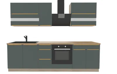 Produktbild von Küchenzeile 270 cm - Dunkelgrüne Küche - Mit Arbeitsplatte Lancelot Eiche - Einbauküche mit Metallbox Schubladen - Goldene Griffe - GLAMOUR A