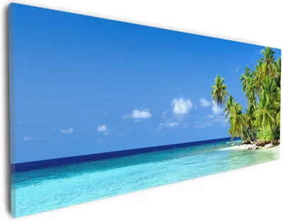 Produktbild von Wallario Premium Leinwandbild Blauer Himmel  weißer Strand  Palmen und das tiefblaue Meer in Größe 30 x 75 cm